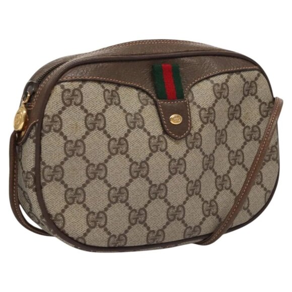 GUCCI GG Supreme Web Sherry Line Shoulder Bag PVC Beige Brown Silver Auth BA103 - Picture 1 of 15